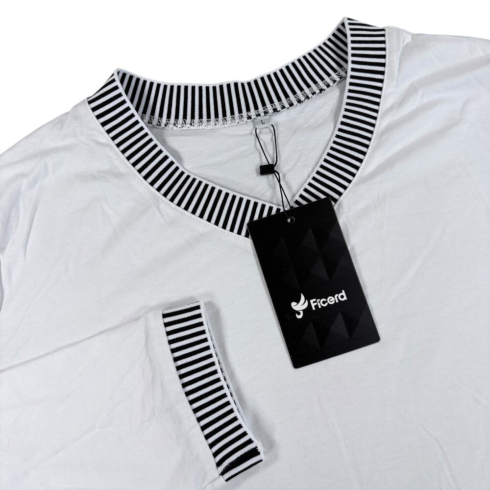 Ficerd Womens White Long Sleeve V-Neck‎ Shirt with Black Striped Accents Size L